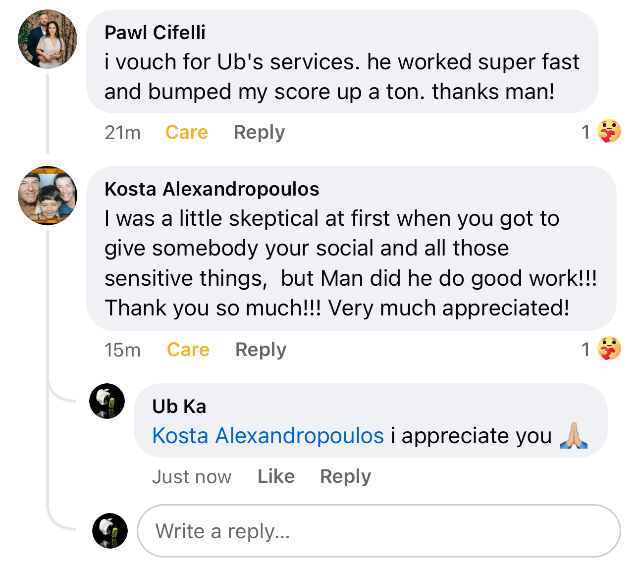 Pawl Cifelli and Kosta Alexandropoulos Facebook comments vouching for Ub Ka credit repair services