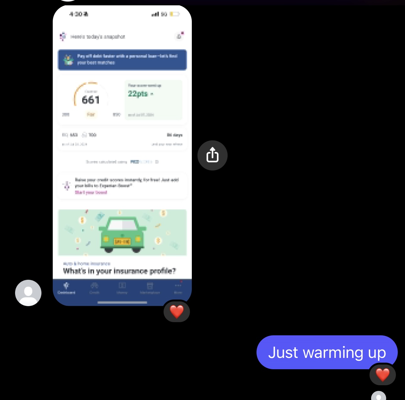 Client text conversation with red heart reaction, reply just warming up