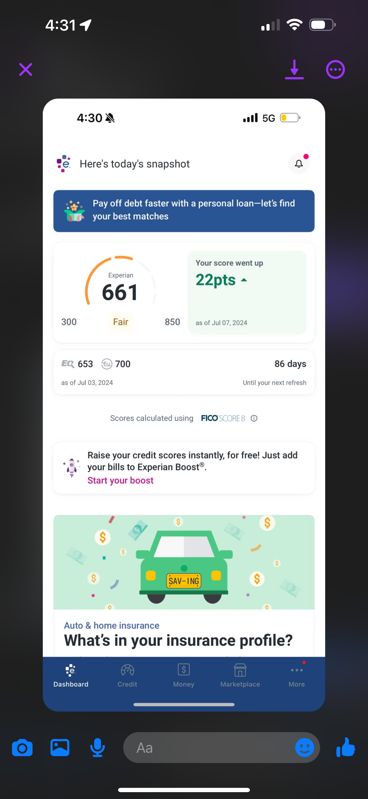 Client Experian dashboard showing score 661 up 22 points with full credit profile